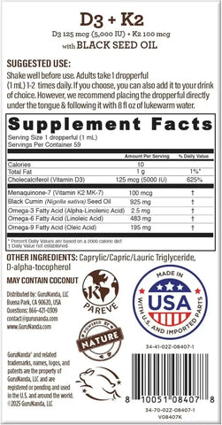 Natural Cold Pressed Black Seed Oil With Vitamin D3, K2 & E