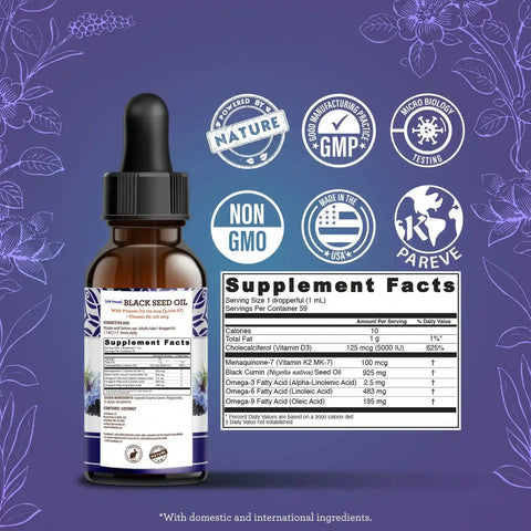 Natural Cold Pressed Black Seed Oil With Vitamin D3, K2 & E