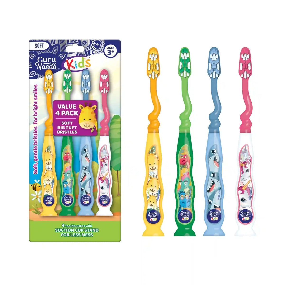 Fun Animals Kids' Toothbrush with Suction Cup – 4 Pack